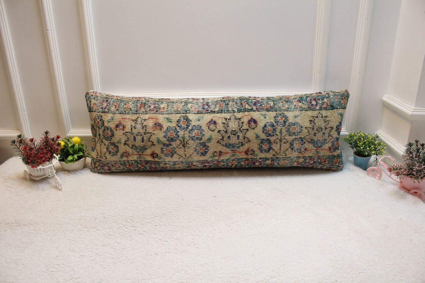 Floral Turkish Rug Lumbar Pillow: Handmade Wool Cushion Cover (12x36 in)