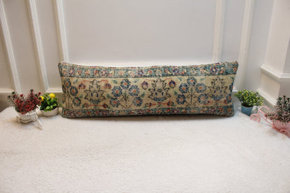 Floral Turkish Rug Lumbar Pillow: Handmade Wool Cushion Cover (12x36 in)