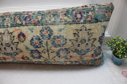Floral Turkish Rug Lumbar Pillow: Handmade Wool Cushion Cover (12x36 in)