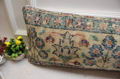 Floral Turkish Rug Lumbar Pillow: Handmade Wool Cushion Cover (12x36 in)