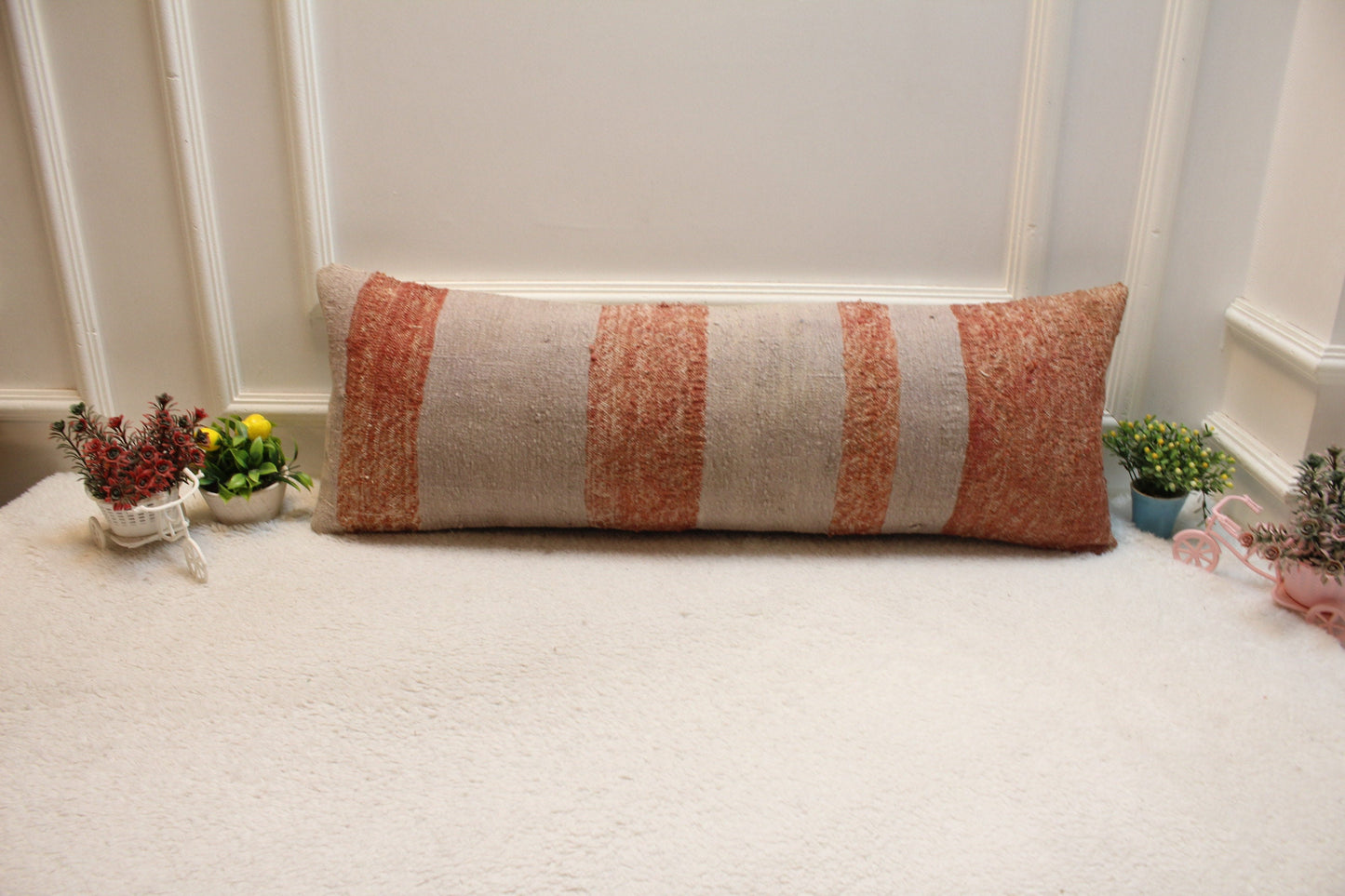 Striped Kilim Lumbar Pillow Cover: Vintage Woven Wool, 12x36 inch