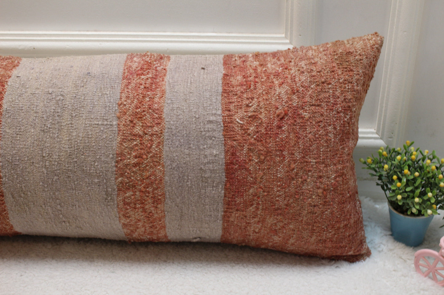 Striped Kilim Lumbar Pillow Cover: Vintage Woven Wool, 12x36 inch