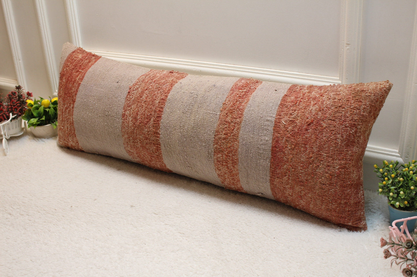Striped Kilim Lumbar Pillow Cover: Vintage Woven Wool, 12x36 inch