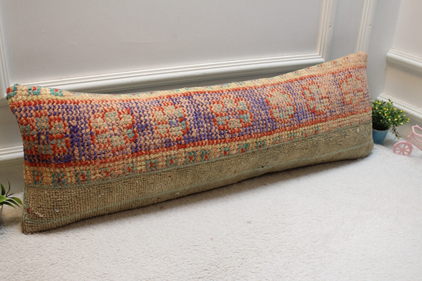 Handmade Turkish Kilim Lumbar Pillow Cover: Upcycled Woven Rug, 12x36 inc