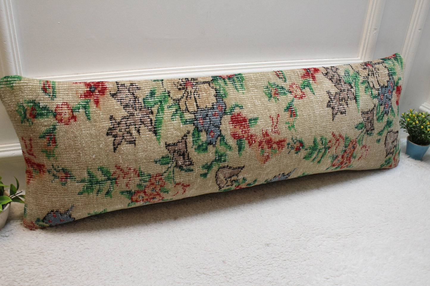 Floral Turkish Rug Lumbar Pillow Cover: 12x36 Beige Green Wool
