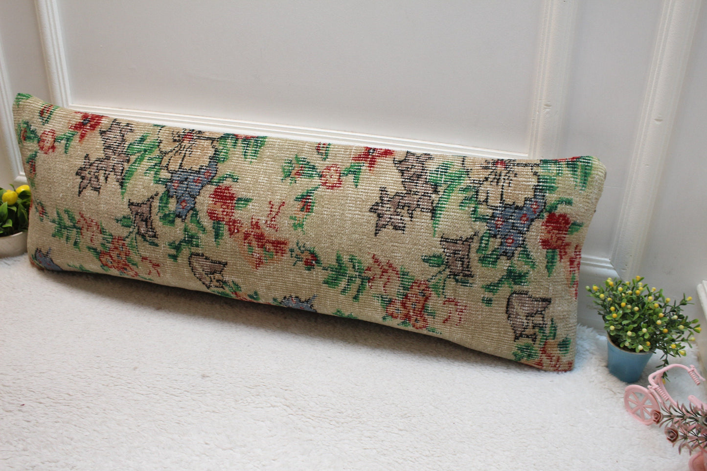 Floral Turkish Rug Lumbar Pillow Cover: 12x36 Beige Green Wool