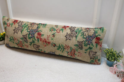 Floral Turkish Rug Lumbar Pillow Cover: 12x36 Beige Green Wool