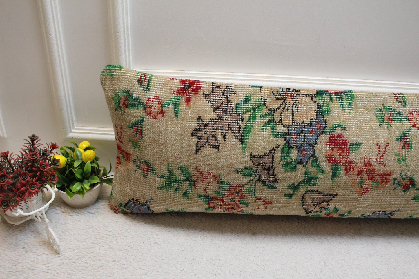 Floral Turkish Rug Lumbar Pillow Cover: 12x36 Beige Green Wool
