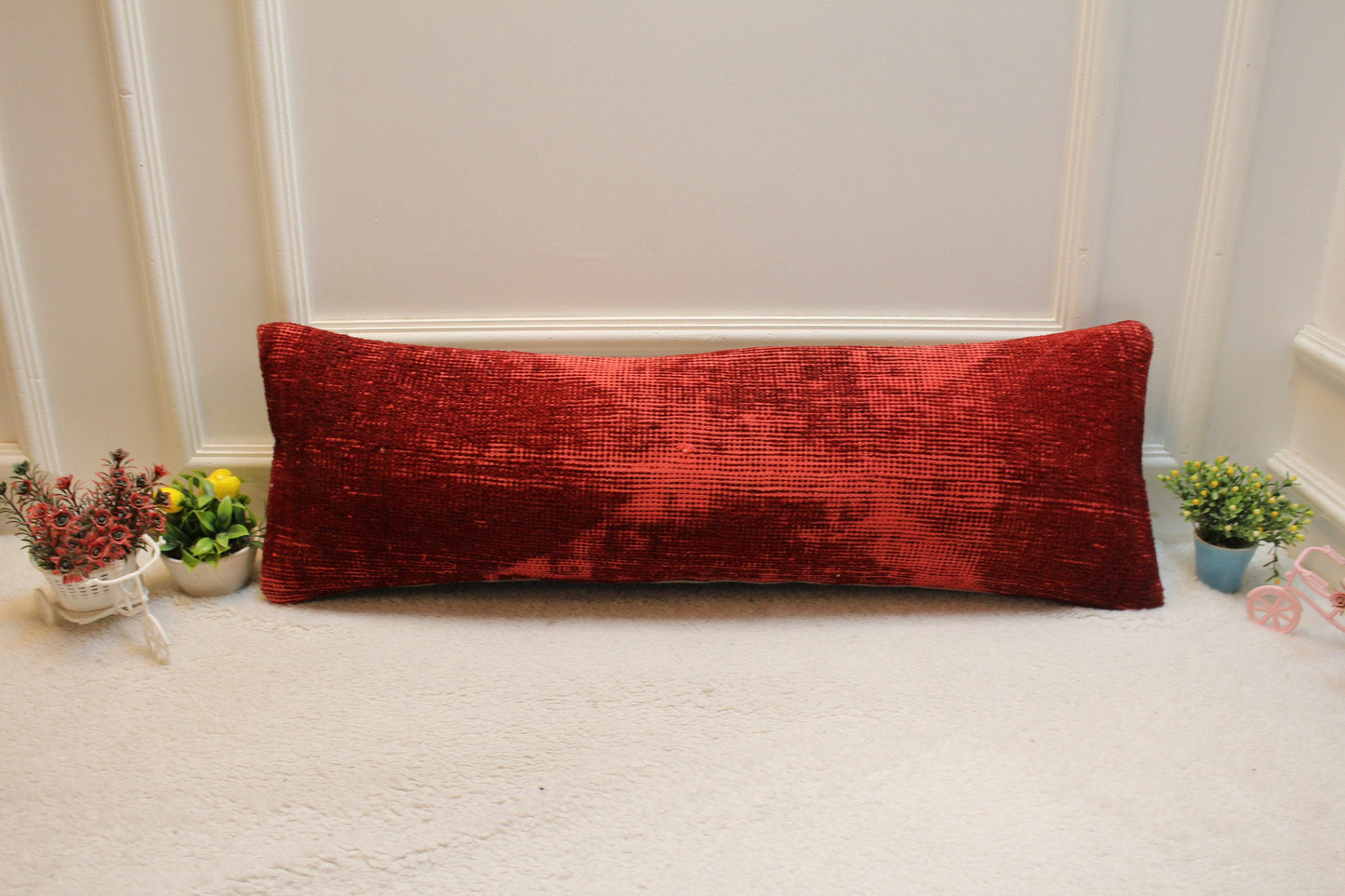 Handmade Red Kilim Pillow Cover: Upcycled Woven Rug, Boho Decor (12x36 inch)
