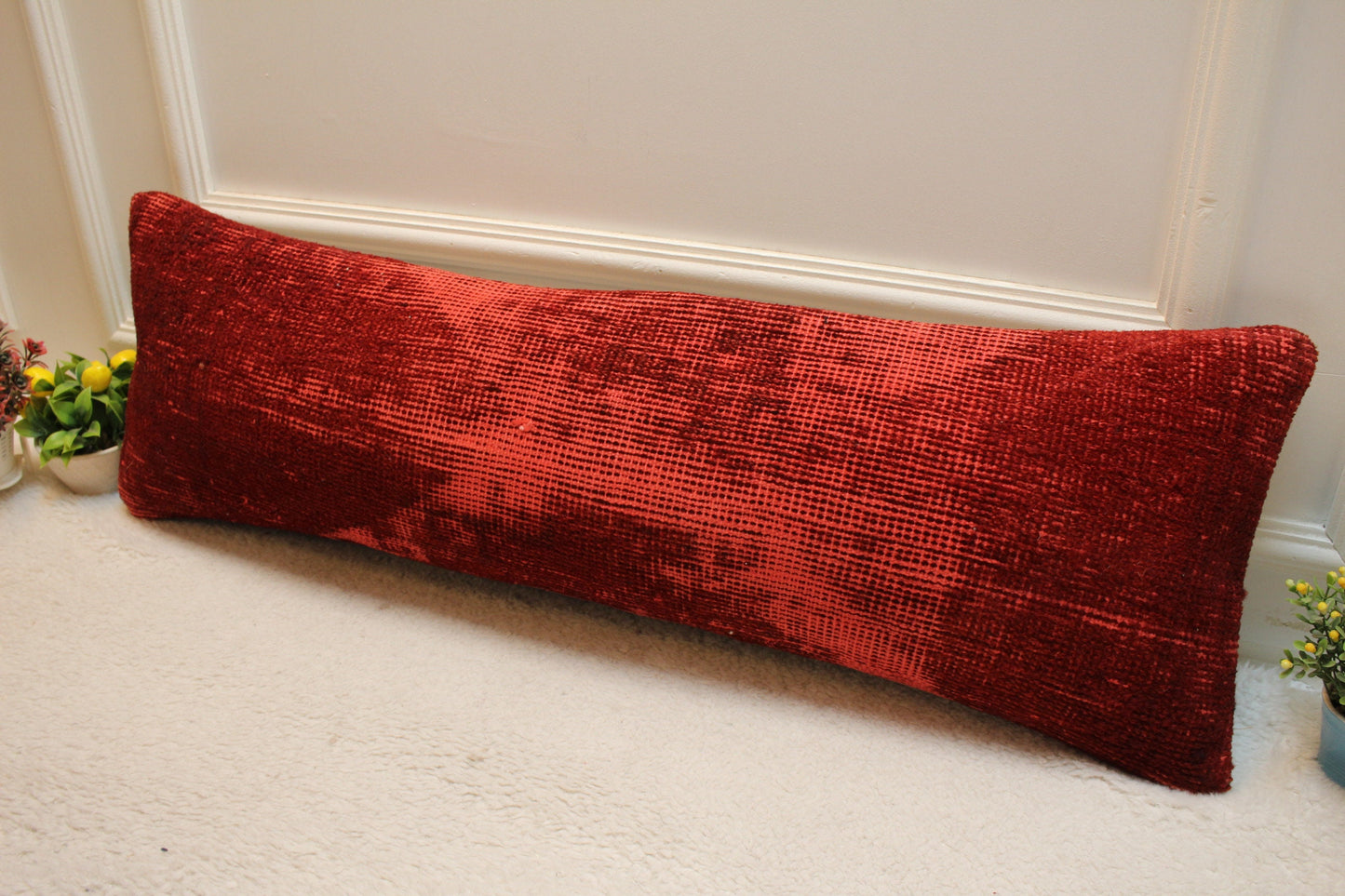 Handmade Red Kilim Pillow Cover: Upcycled Woven Rug, Boho Decor (12x36 inch)