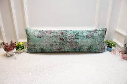 Vintage Turkish Rug Lumbar Pillow Cover: Green Floral, 12x36 inch