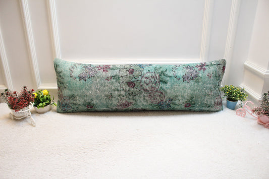 Vintage Turkish Rug Lumbar Pillow Cover: Green Floral, 12x36 inch