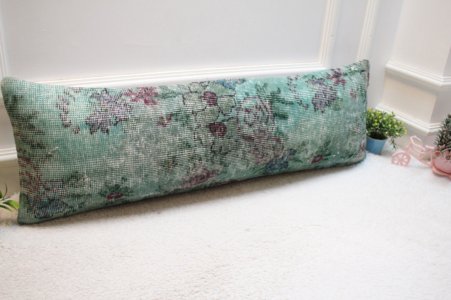 Vintage Turkish Rug Lumbar Pillow Cover: Green Floral, 12x36 inch