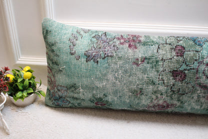 Vintage Turkish Rug Lumbar Pillow Cover: Green Floral, 12x36 inch