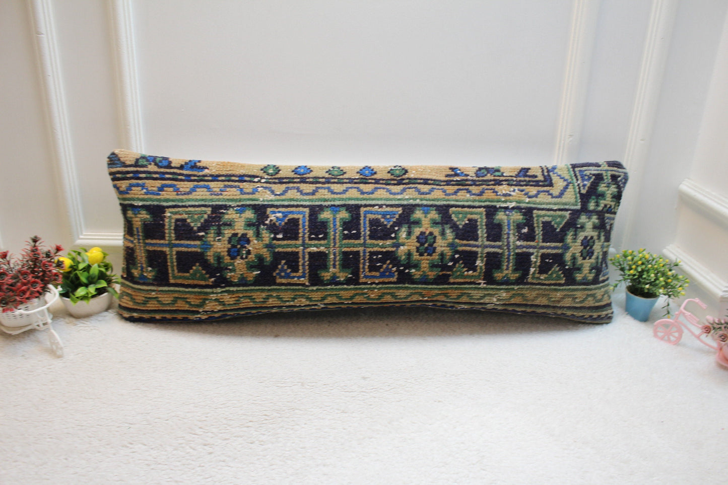 Geometric Kilim Lumbar Pillow Cover: Upcycled Woven Rug, 12x36 inch