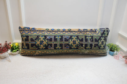 Geometric Kilim Lumbar Pillow Cover: Upcycled Woven Rug, 12x36 inch