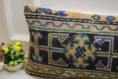 Geometric Kilim Lumbar Pillow Cover: Upcycled Woven Rug, 12x36 inch