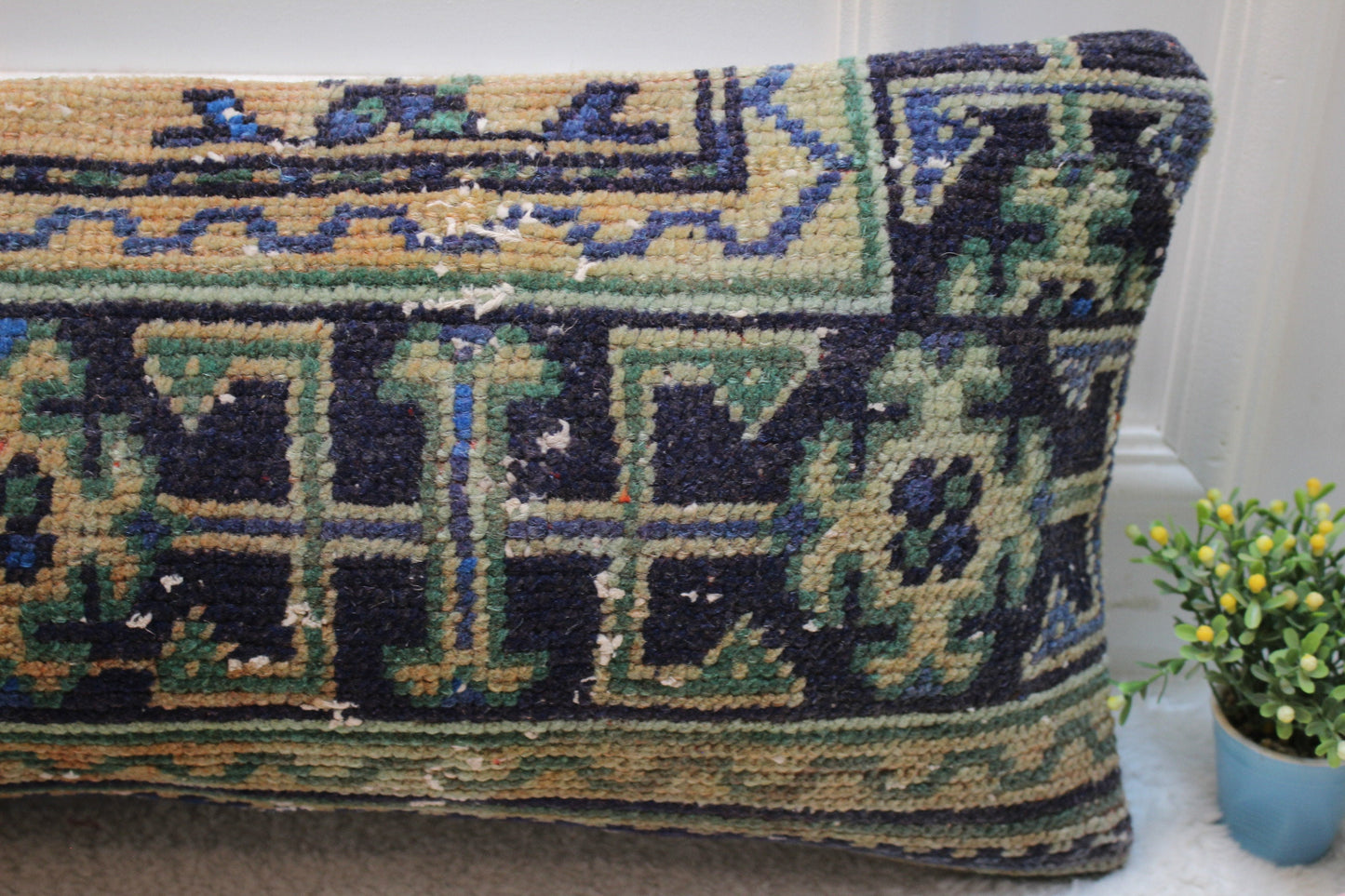 Geometric Kilim Lumbar Pillow Cover: Upcycled Woven Rug, 12x36 inch