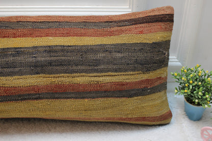 Handmade Long Lumbar Kilim Pillow: Striped Boho Decor (12x36 inc)