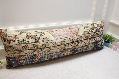 Vintage Turkish Rug Pillow Cover: Beige & Blue Lumbar, 12x36 inch