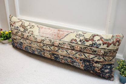 Vintage Turkish Rug Pillow Cover: Beige & Blue Lumbar, 12x36 inch