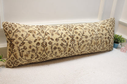 Floral Turkish Rug Lumbar Pillow Cover: Beige Boho Pillow Case (12x36 in)