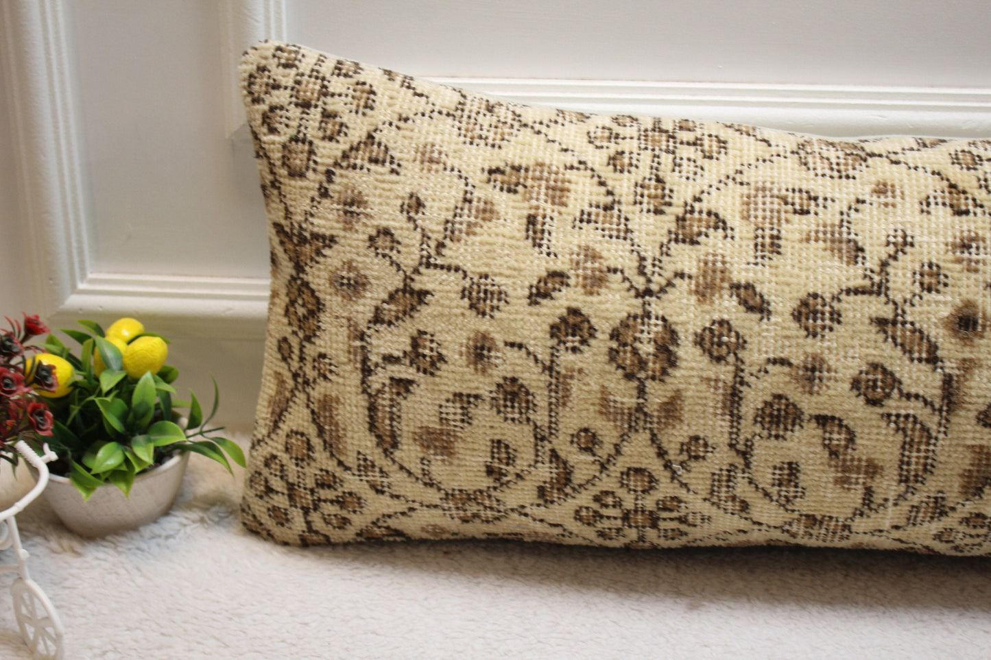 Floral Turkish Rug Lumbar Pillow Cover: Beige Boho Pillow Case (12x36 in)