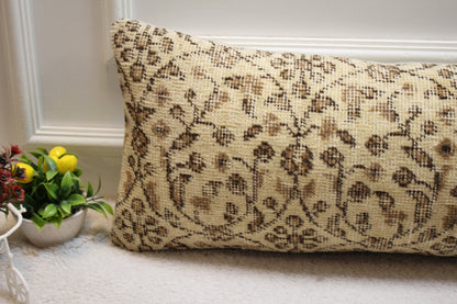 Floral Turkish Rug Lumbar Pillow Cover: Beige Boho Pillow Case (12x36 in)