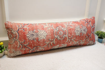 Floral Kilim Lumbar Pillow Cover: Red Wool Rug Pillow, 12x36