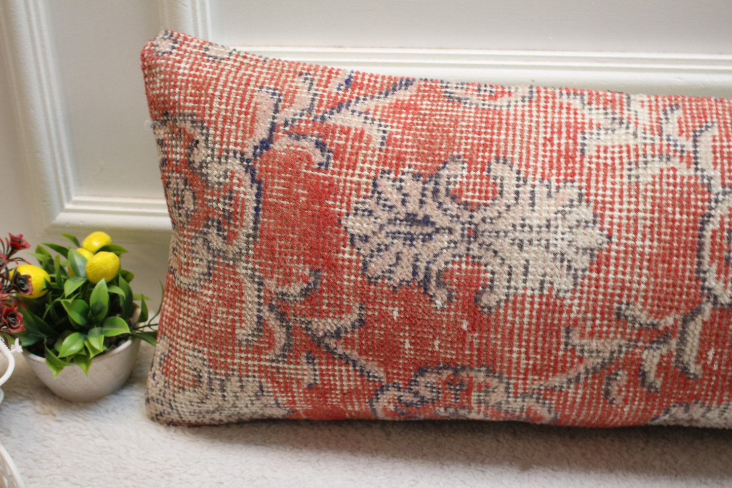 Floral Kilim Lumbar Pillow Cover: Red Wool Rug Pillow, 12x36