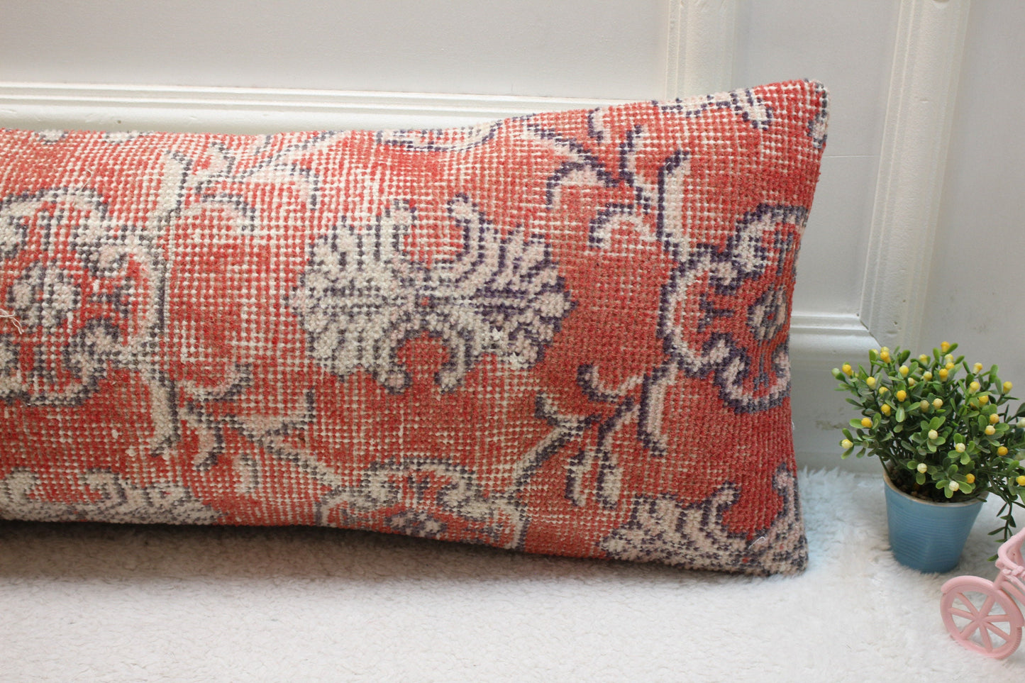 Floral Kilim Lumbar Pillow Cover: Red Wool Rug Pillow, 12x36
