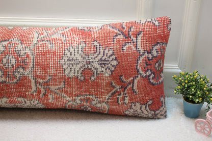 Floral Kilim Lumbar Pillow Cover: Red Wool Rug Pillow, 12x36