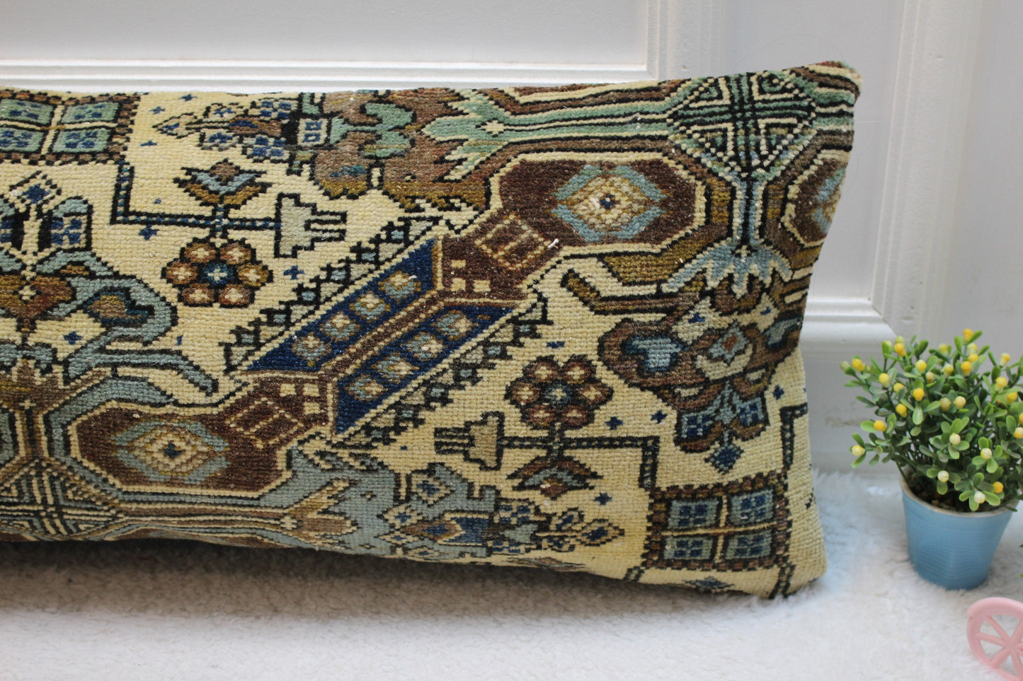 Handmade Lumbar Kilim Pillow Cover: Ethnic Boho Rug Pillow (12x36 in)
