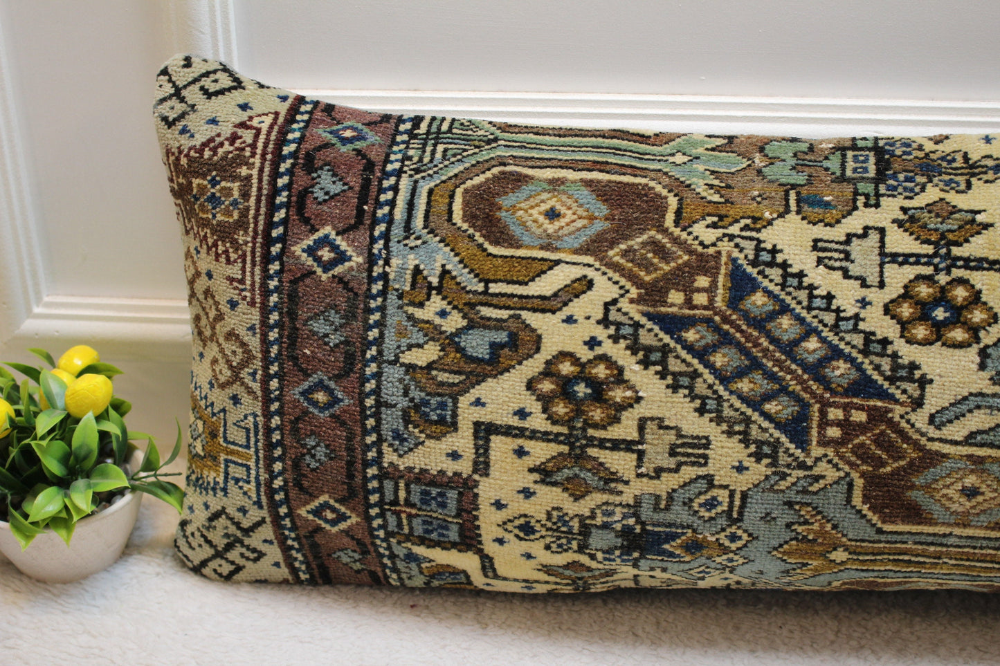Handmade Lumbar Kilim Pillow Cover: Ethnic Boho Rug Pillow (12x36 in)