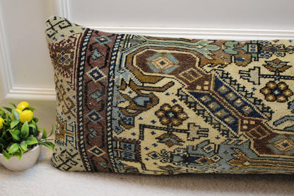 Handmade Lumbar Kilim Pillow Cover: Ethnic Boho Rug Pillow (12x36 in)