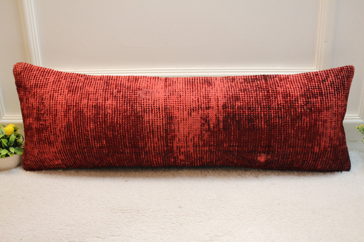 Handmade Red Kilim Pillow Cover: Vintage Rug Pillow, 12x36 inch