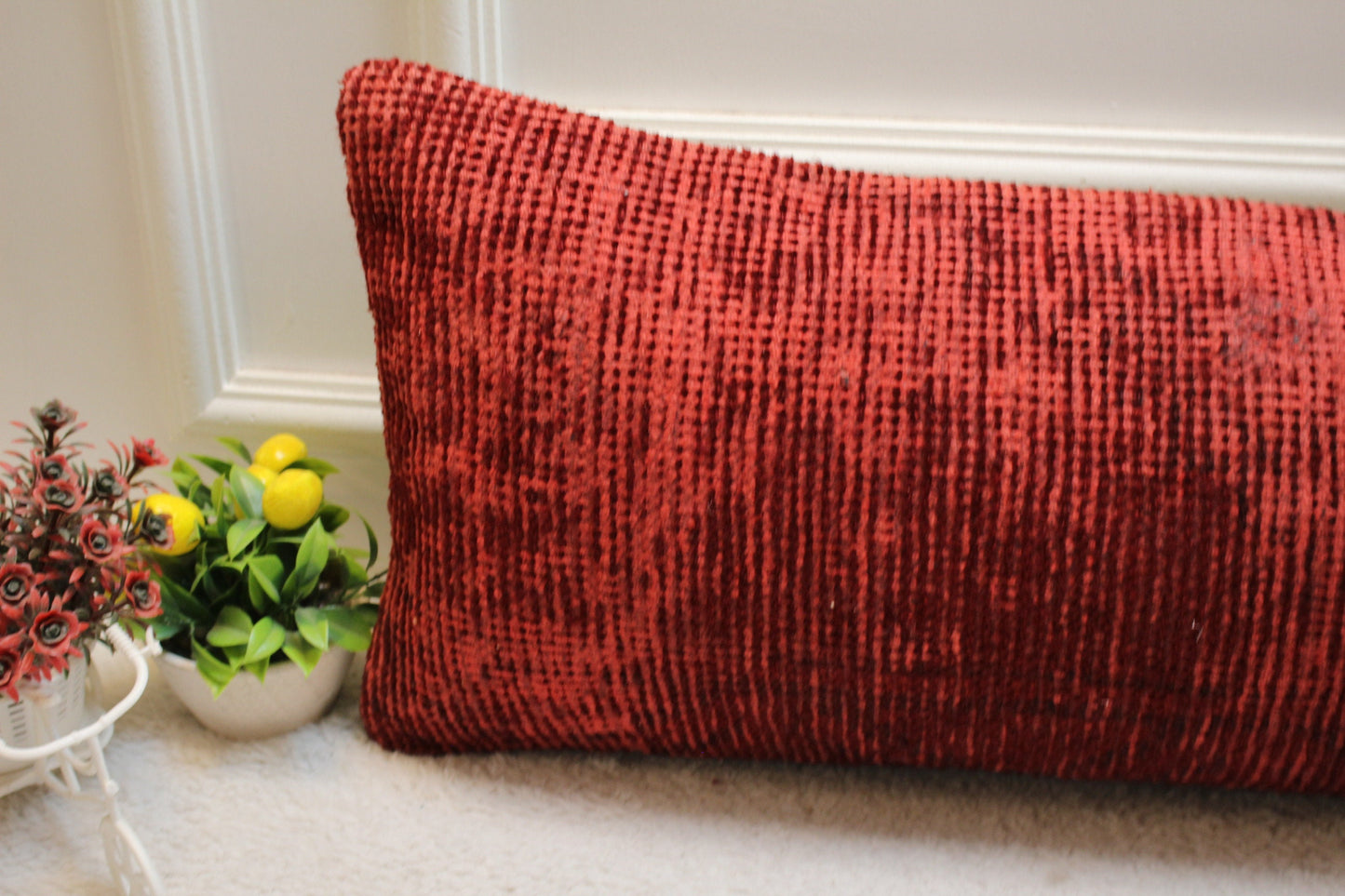 Handmade Red Kilim Pillow Cover: Vintage Rug Pillow, 12x36 inch