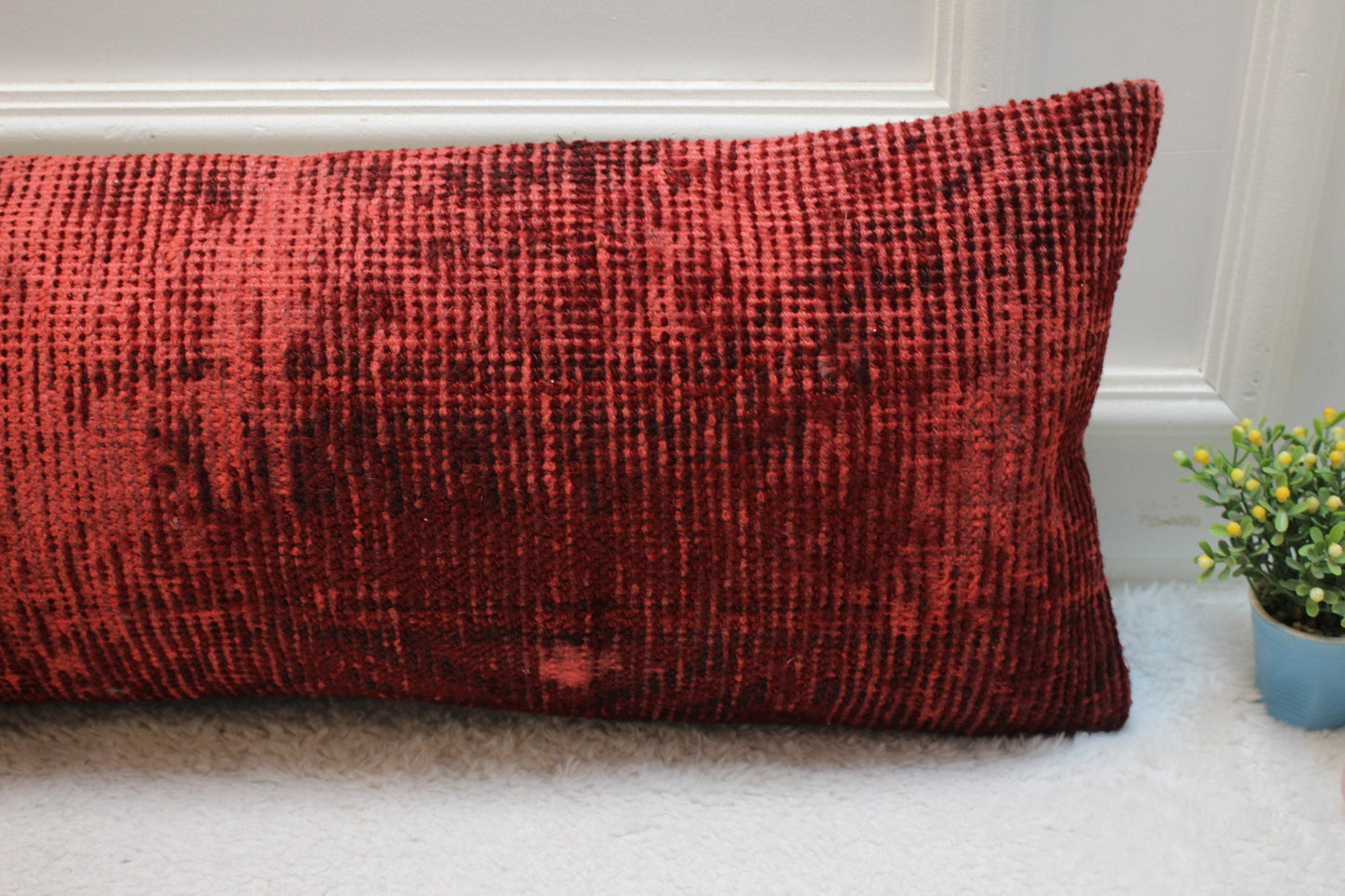 Handmade Red Kilim Pillow Cover: Vintage Rug Pillow, 12x36 inch