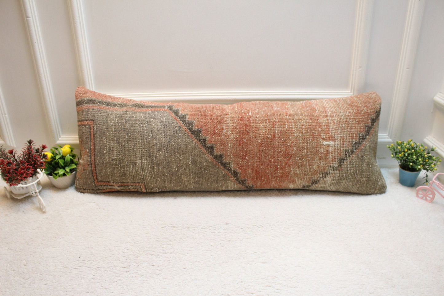 Handmade Turkish Rug Lumbar Pillow Cover: Red & Gray, 12x36 inch