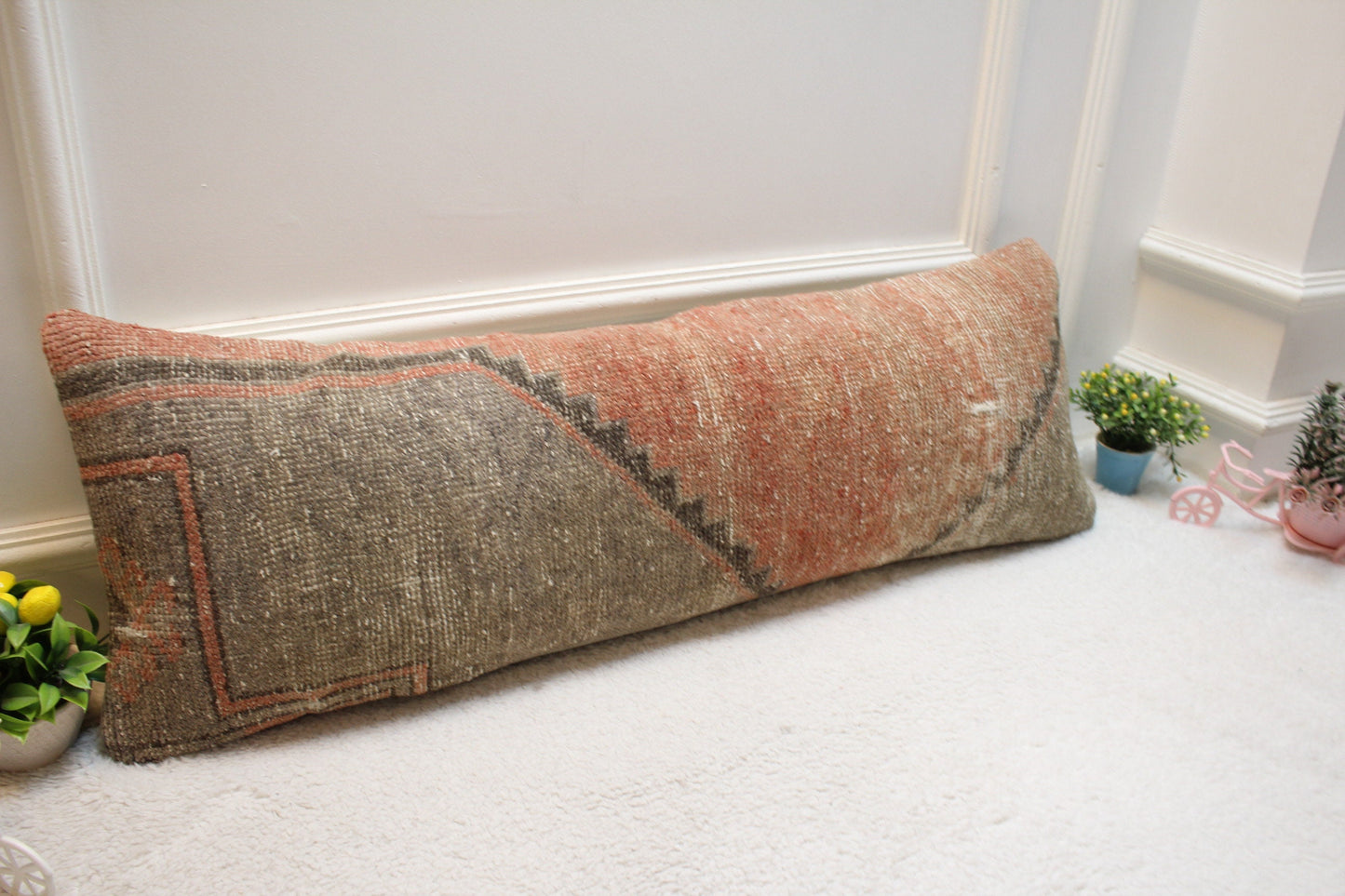 Handmade Turkish Rug Lumbar Pillow Cover: Red & Gray, 12x36 inch