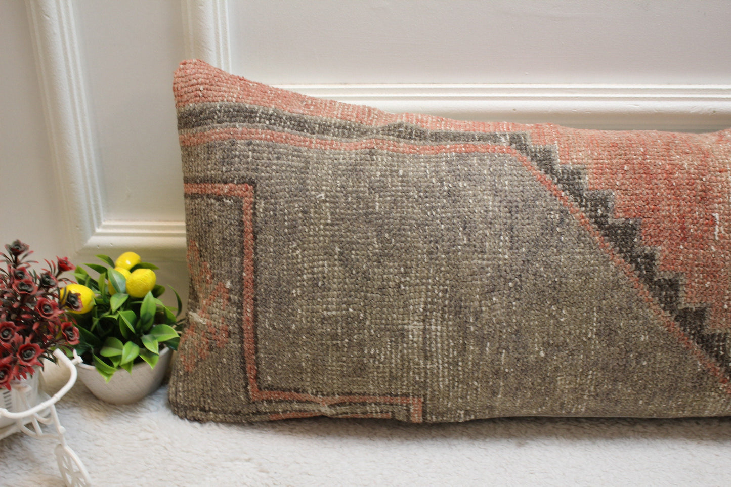 Handmade Turkish Rug Lumbar Pillow Cover: Red & Gray, 12x36 inch