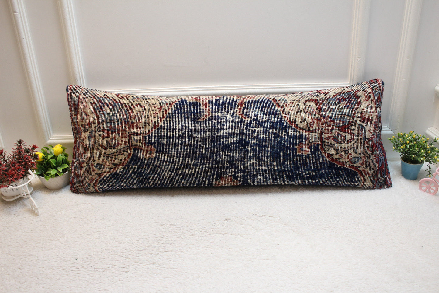 Vintage Turkish Rug Lumbar Pillow Cover: Blue Beige Red, 12x36 inch