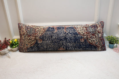 Vintage Turkish Rug Lumbar Pillow Cover: Blue Beige Red, 12x36 inch