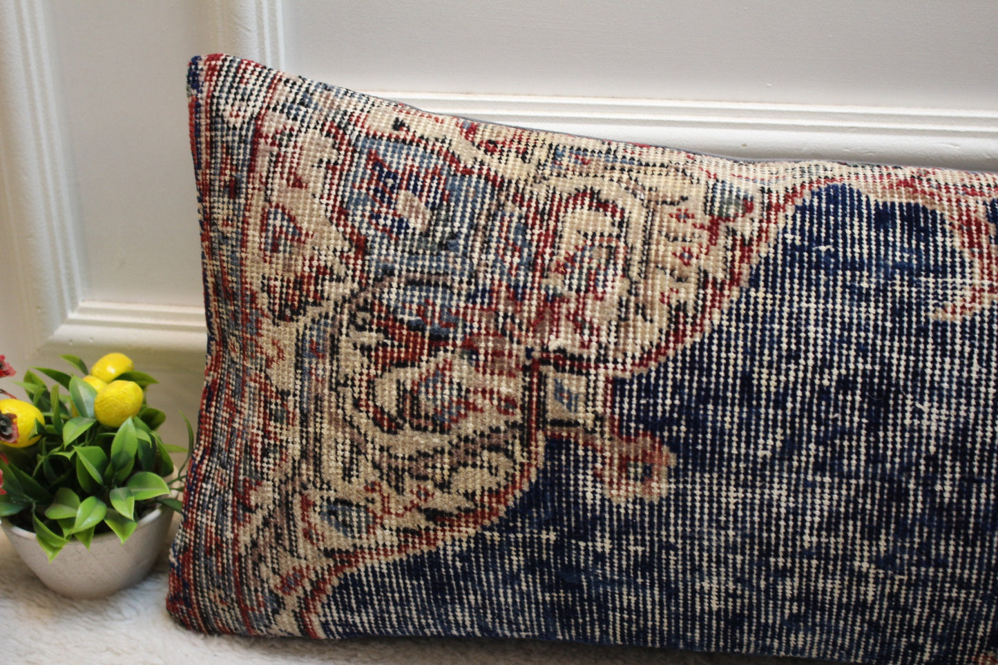 Vintage Turkish Rug Lumbar Pillow Cover: Blue Beige Red, 12x36 inch
