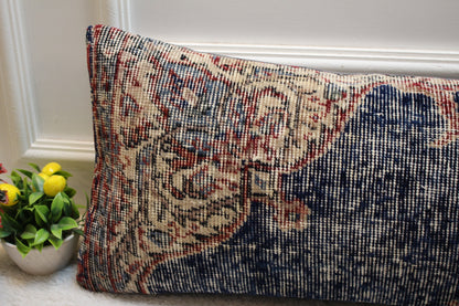 Vintage Turkish Rug Lumbar Pillow Cover: Blue Beige Red, 12x36 inch