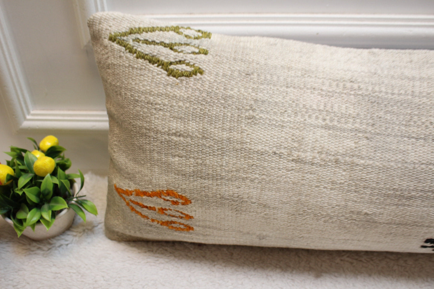 Handmade Wool Kilim Lumbar Pillow Cover: White Bedroom Decor (12x36 in)