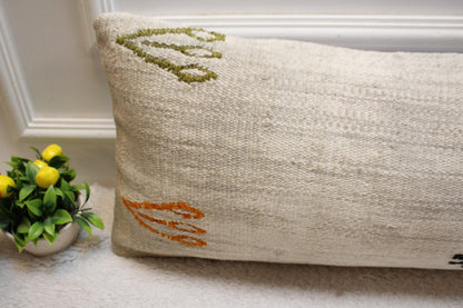 Handmade Wool Kilim Lumbar Pillow Cover: White Bedroom Decor (12x36 in)