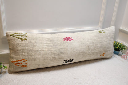 Handmade Wool Kilim Lumbar Pillow Cover: White Bedroom Decor (12x36 in)