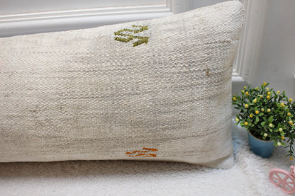 Handmade Wool Kilim Lumbar Pillow Cover: White Bedroom Decor (12x36 in)