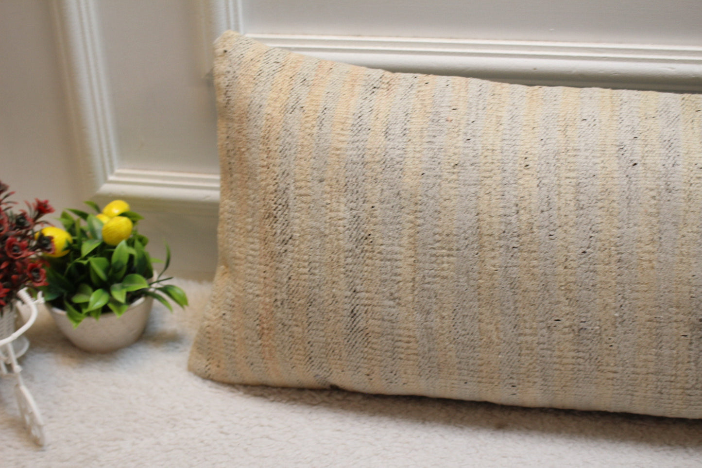 Handmade Beige Kilim Pillow Cover: Upcycled Woven Rug, 12x36 inch